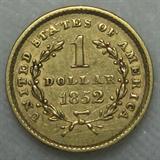 1852 One Dollar Gold, This Gold 1 Dollar Piece is in good condition