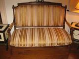 Louis XVI Style Settee with Open Arms and Carved Back, Flanked by Pair of Lacquered Boxes on Stands