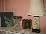 Accessories including Carved Ivory/Bone Lamp, Cut Crystal Flared Vase with Silver Rim, Jadeite Carving of Bird, Etc.