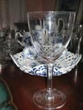 Set of Orrefors Type Stemware with Thumbprint at the bottom of Bowl where it attaches to the stem, Behind is a Meissen Bowl, and other Blue and White Dishes. Goblets are Unmarked