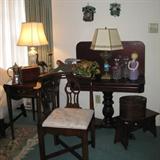 Another View of Tables, now also showing the Mah Jongg Set, Vintage Toleware Containers, Bench, Pottery Figures, and the Corner Chair