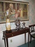 Kittinger Side Table, Chinese Lamp, Silver Plate Water Urn and Wine Ewer, etc.