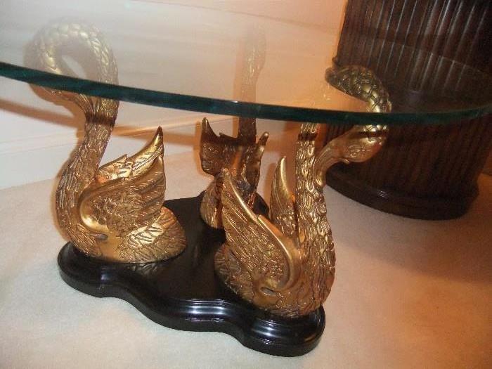 Brass Base Glass Top Dolphin Table, Detail of Swans