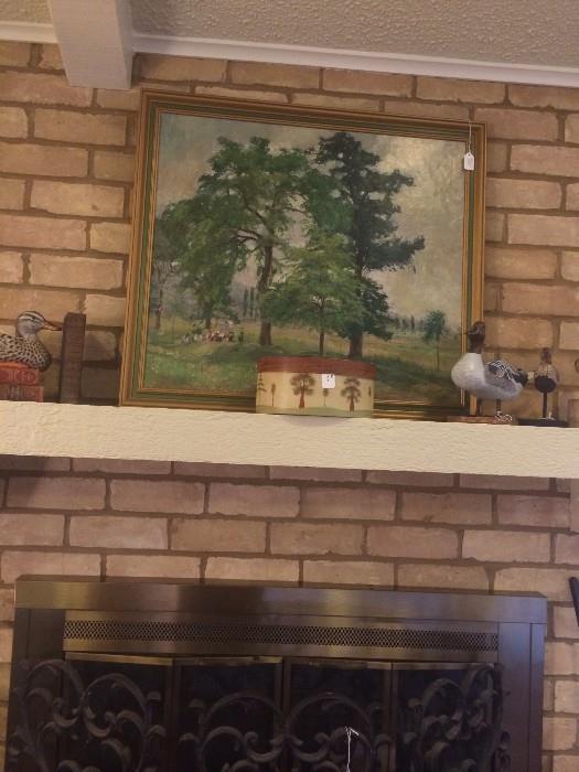 Oil painting; firescreen; duck decoys