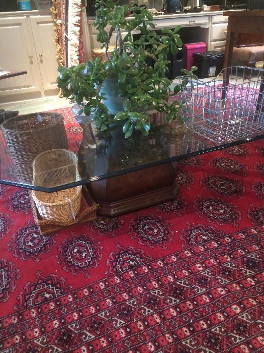 Glass top coffee table, many baskets,  and one of several life plants