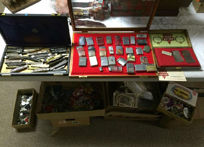 Old cigarette lighters, knives, patches, buttons, etc.