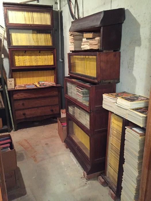Old Barrister Bookcase shelves (some need repairs),  National Geographic magazines from the 1800's  Small 3 drawer oak chest. garage shelving, etc.