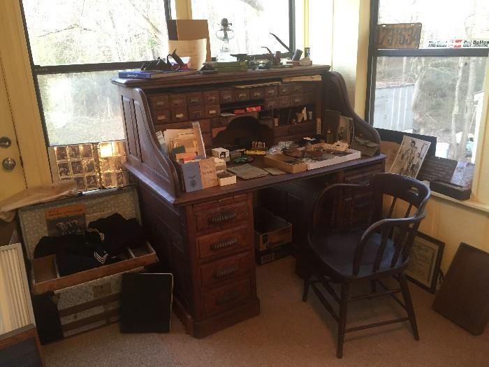 Antique Oak Desk with drawers, Trunk with Navy uniforms etc.
