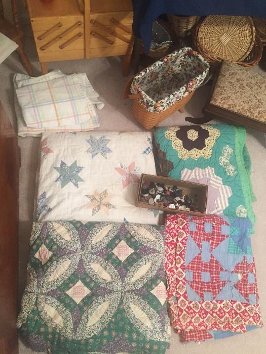 Quilts, sewing baskets