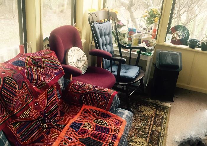 Hand sewn Mola art, Office Chair, Rocking Chair, Garden items.