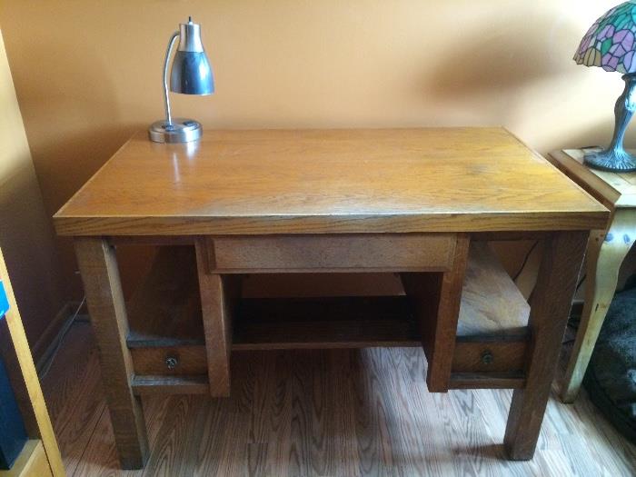 Prairie style wood desk with shelving and three drawers
