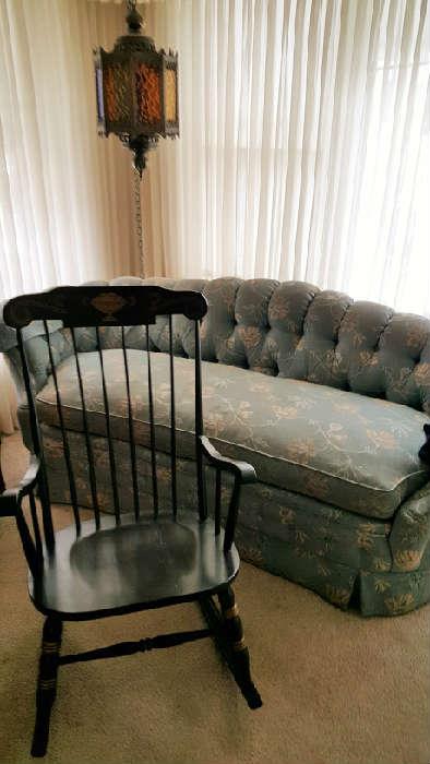 Rocking chair, vintage hanging light, sofa (needs cleaning, but in great shape otherwise...)