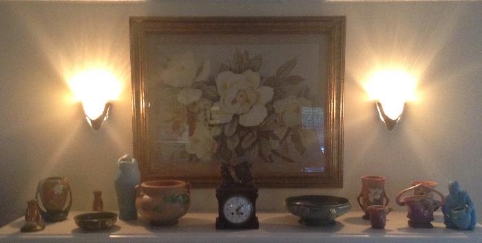 Bronze Case Clock; WATERCOLOR by Barbara Vinette (b. 1889), Magnolias; ROSEVILLE Jardinieres, Bowls, Candlesticks; Van Briggle Pottery; ANTIQUE Deco Wall Sconces