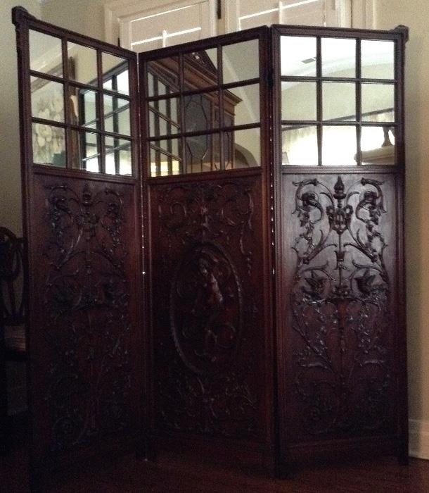 FRENCH 3-Panel Screen, Carved & Mirror Detail