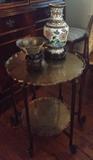 Chinese Dragon Folding Table, &nbsp;Brass Trays; Plique-a-jour&nbsp;Bowl; Cloisonne Vase