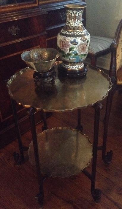 Chinese Dragon Folding Table,  Brass Trays; Plique-a-jour Bowl; Cloisonne Vase