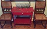 Red Drawer Table (original surface); Italian Hand-Blown Goblets; Cane Seat & Back Side Chairs