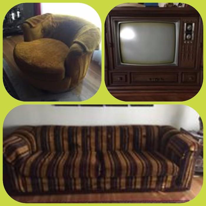 Hollywood Regency style couch, round swivel chair and vintage television - still very comfortable!!!