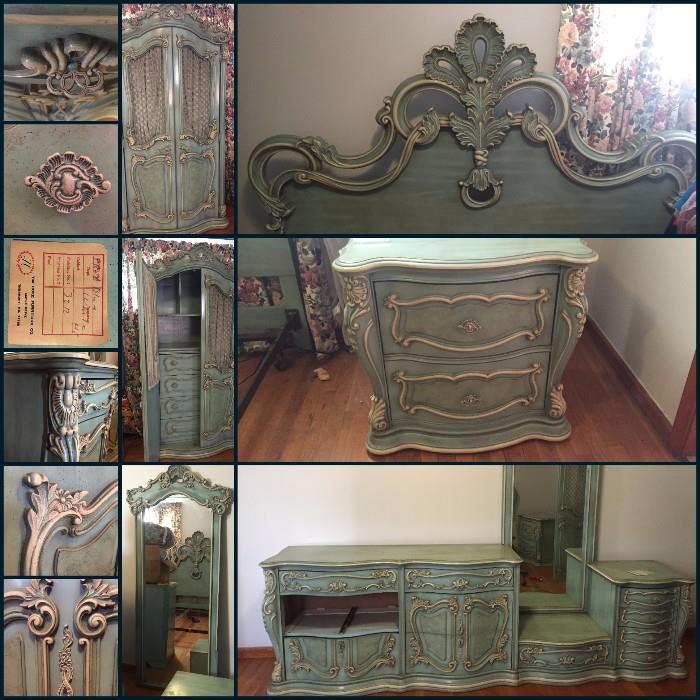 Hoke Furniture Company - Vintage Hand Carved French Provincial (5 piece bedroom set includes Armoire, King Headboard with attached metal frame, 2 side tables, full dresser with standing mirror) taking offers by email and if necessary during sale