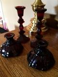 Cranberry glass candle holders