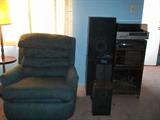 recliner, Emerson and Fisher stereos and speakers