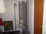Needle point screen, bridge lamp, needle point fire screen, garden table and phone