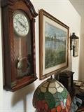 Oak Herman Miller Wall Clocks, stained glass lamp & Art, water colors, oil paintings