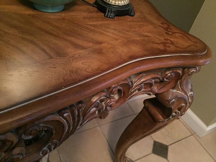 Ornately Carved Console Table w/ Inlaid Top