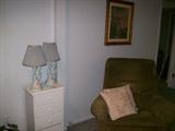 RECLINER, 4 DRAWER PAINTED CHEST, LAMPS, ARTWORK