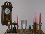 Waltham Keywind Wall Clock (31-day), Antique spools (being used as candle holders)