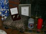 Leopard ottomans, candles, silverplated "SHOE" salt/pepper