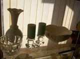 Belleek China, Orrefors crystal bowl, Swarovski Crystal candlestick.