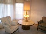 Upholster Chairs and Loveseat, Weiman Marble top coffee table and a Chandelier Table Lamp.
