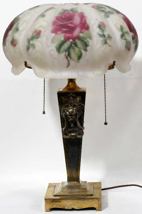 Lot #1, PAIRPOINT REVERSE PAINTED PUFFY SHADE LAMP, C. 1907, H 22", DIA 14"