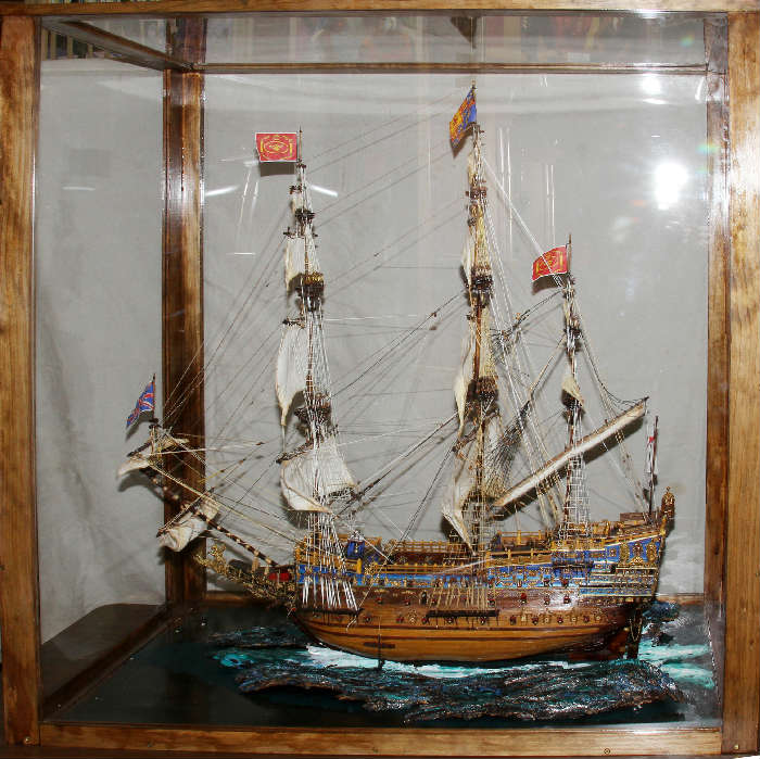 Lot #2, HMS 'SOVEREIGN OF THE SEAS' HAND MADE WOOD SHIPS MODEL IN GLASS CASE, C1950, H 45", L 46", D 18"