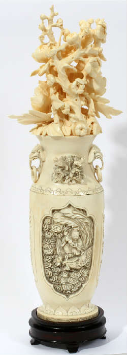 Lot #10, CHINESE CARVED IVORY VASE WITH FLOWERS, H 12"
