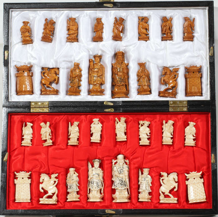 Lot #7, CHINESE CARVED IVORY CHESS SET, 32 PIECES & BOARD