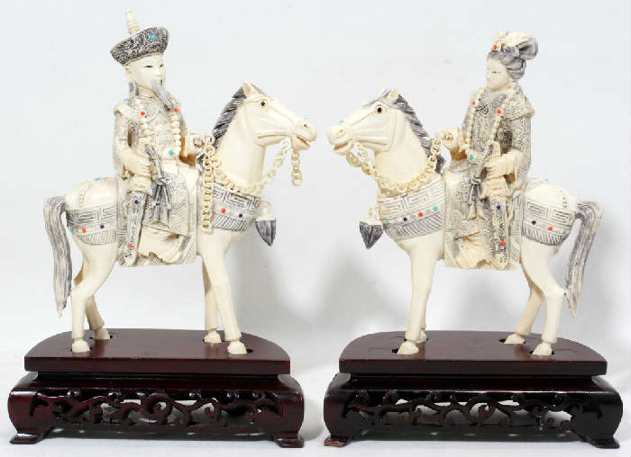 Lot #14, CHINESE CARVED IVORY EMPEROR AND EMPRESS ON HORSEBACK, H 7", L 5 1/2"