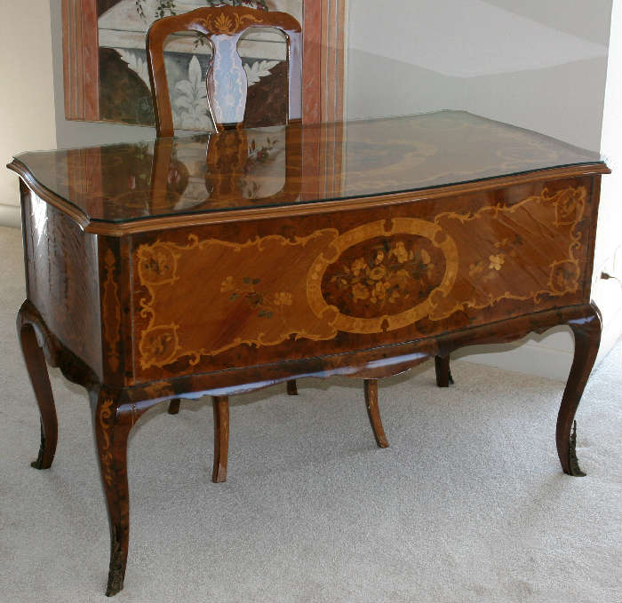 lot #26, LOUIS XV STYLE MARQUETRY INLAID WRITING DESK, 20TH CENTURY, H 31", W 27", L 50", & A SIDE CHAIR