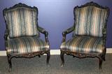 Lot #27, LOUIS XV STYLE, ANTIQUE FRENCH CARVED UPHOLSTERED ARM CHAIRS, EARLY 20TH C, PAIR, H 42", W 30"