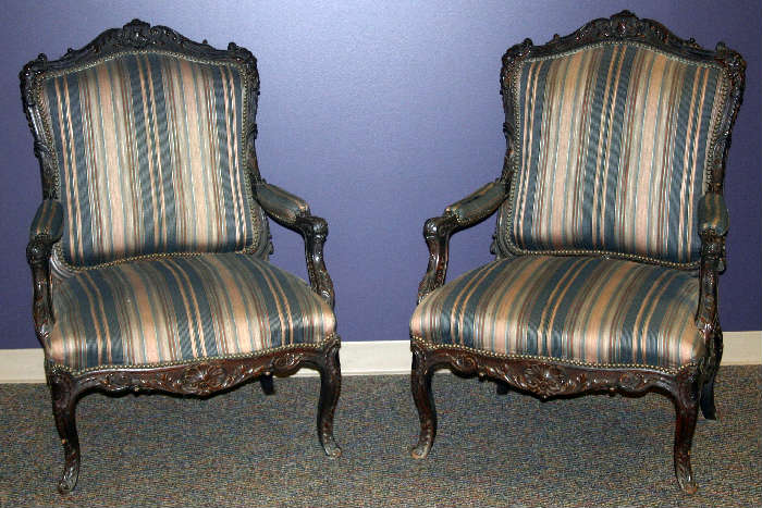 Lot #27, LOUIS XV STYLE, ANTIQUE FRENCH CARVED UPHOLSTERED ARM CHAIRS, EARLY 20TH C, PAIR, H 42", W 30"