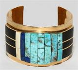 Lot #1172, 14KT YELLOW GOLD, TURQUOISE, LAPIS, ONYX & IVORY CUFF BRACELET