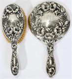 Lot #1237, ART NOUVEAU STERLING HAND MIRROR & HAIRBRUSH, C. 1900, L 9" & 10"