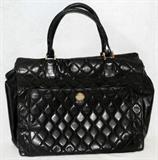 Lot #1409, CHANEL BLACK LEATHER HANDBAG, W 14 3/4"
