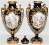Lot #2056, SEVRES PORCELAIN DOUBLE HANDLED URNS, 19TH C., PAIR, H 13 1/2", L 7"