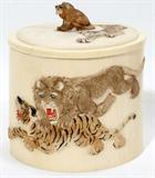 Lot #2148, JAPANESE CARVED POLYCHROMED IVORY COVERED OVAL BRUSH POT, H 5", L 4 3/4"