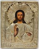 Lot #2267, RUSSIAN HAND PAINTED WOOD ICON WITH A SILVER RIZA, 7" X 5 1/2", JESUS CHRIST PANTOCRATOR