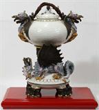 Lot #1005, BELLEEK PORCELAIN 'CHINESE' TEA URN & STAND, FIRST PERIOD BLACK MARK, 1863-1890, H 15", W 11 1/2"
