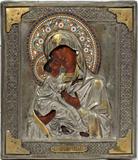 Lot #1025, RUSSIAN ICON OF THE MADONNA & CHILD WITH ENAMEL & SILVER RIZA, 1896, H 12", W 10 1/2"
