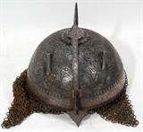 Lot#2213, CAST METAL HELMET FROM INDIA WITH SILVER ONLAY, H 7 1/2" (SOLID PART), DIA 8 1/2"